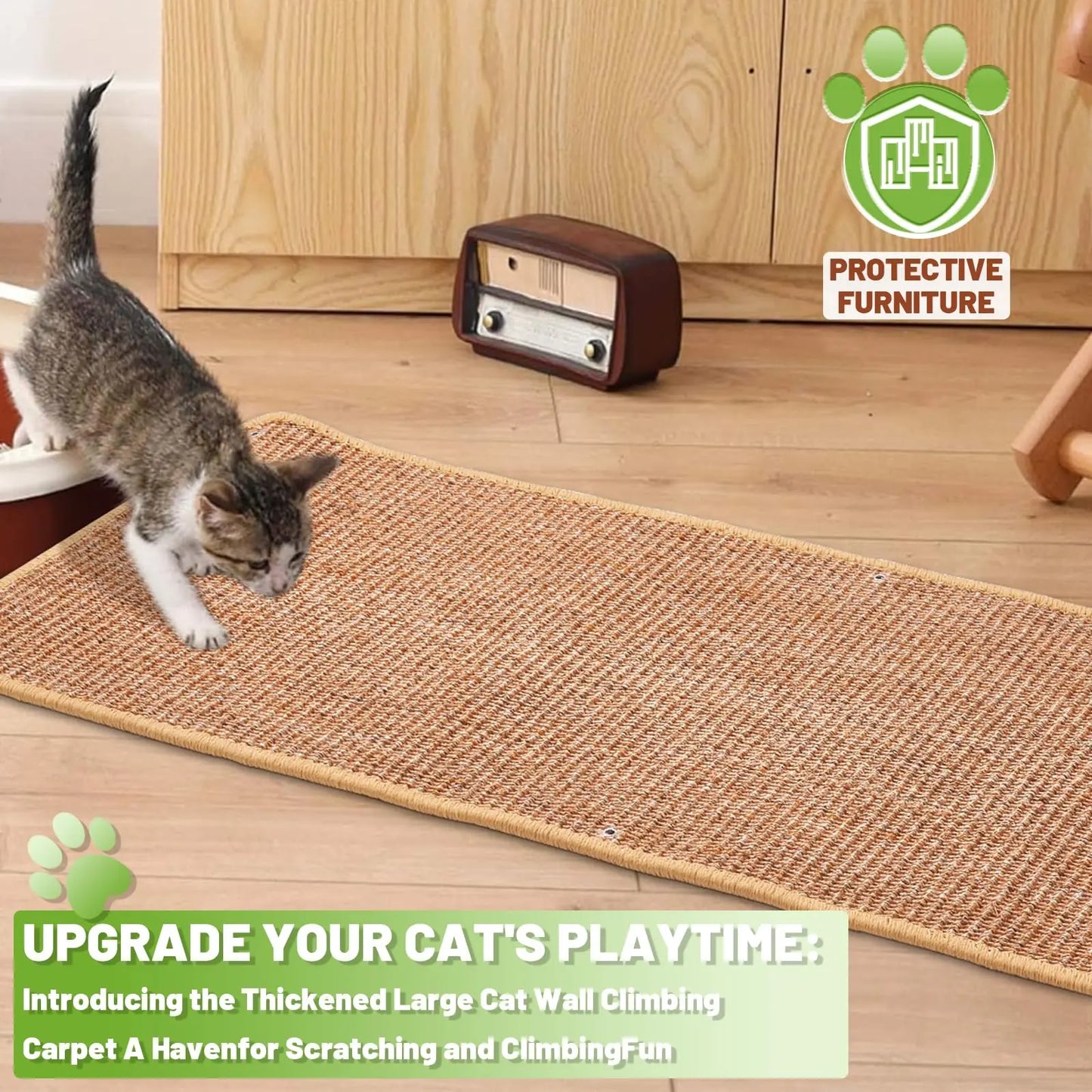 Natural Sisal Cat Wall Climbing Carpet, Wall Scratcher Carpet Mat Pad, Cat Climbing Wall, Tall Scratching Post, Wall Floor Couch Sofa Protector, Scratching Pad for Indoor Cats PIUPAW