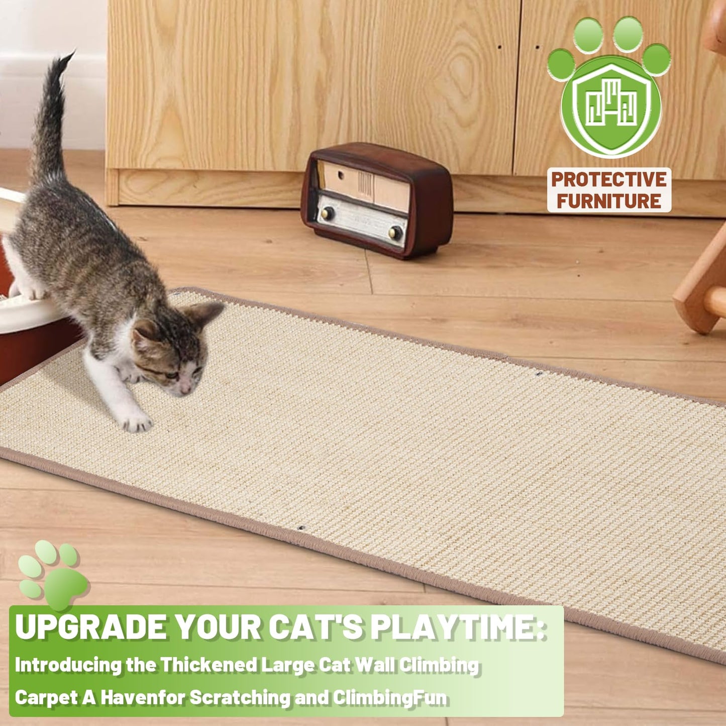 Natural Sisal Cat Wall Climbing Carpet, Wall Scratcher Carpet Mat Pad, Cat Climbing Wall, Tall Scratching Post, Wall Floor Couch Sofa Protector, Scratching Pad for Indoor Cats PIUPAW