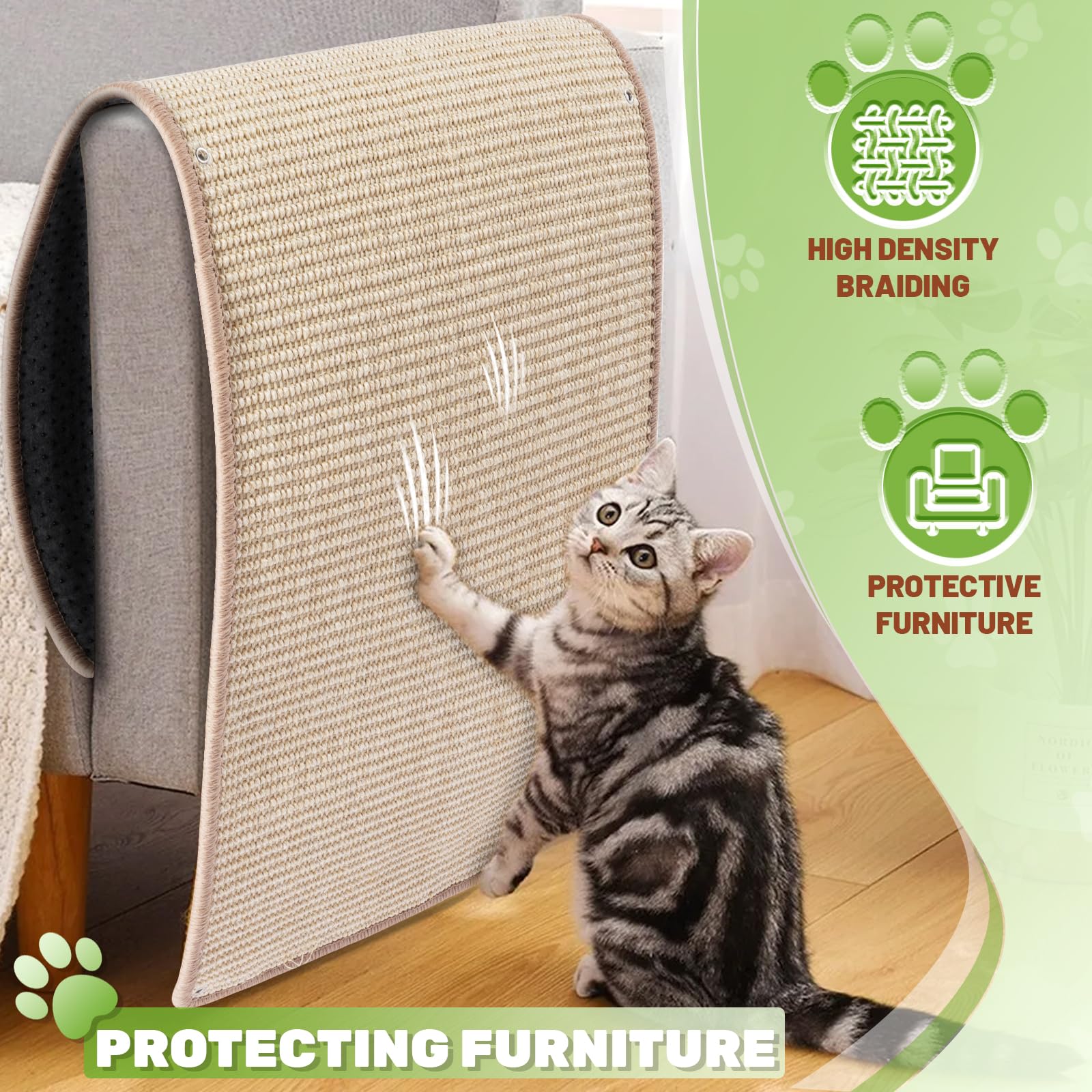 Natural Sisal Cat Wall Climbing Carpet, Wall Scratcher Carpet Mat Pad, Cat Climbing Wall, Tall Scratching Post, Wall Floor Couch Sofa Protector, Scratching Pad for Indoor Cats PIUPAW