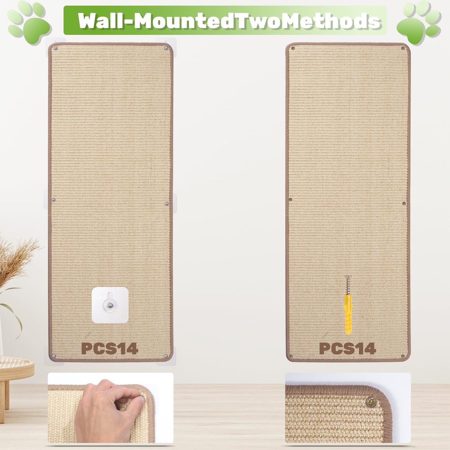 Natural Sisal Cat Wall Climbing Carpet, Wall Scratcher Carpet Mat Pad, Cat Climbing Wall, Tall Scratching Post, Wall Floor Couch Sofa Protector, Scratching Pad for Indoor Cats PIUPAW