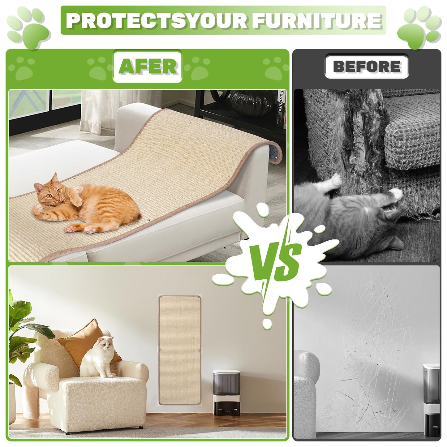 Natural Sisal Cat Wall Climbing Carpet, Wall Scratcher Carpet Mat Pad, Cat Climbing Wall, Tall Scratching Post, Wall Floor Couch Sofa Protector, Scratching Pad for Indoor Cats PIUPAW