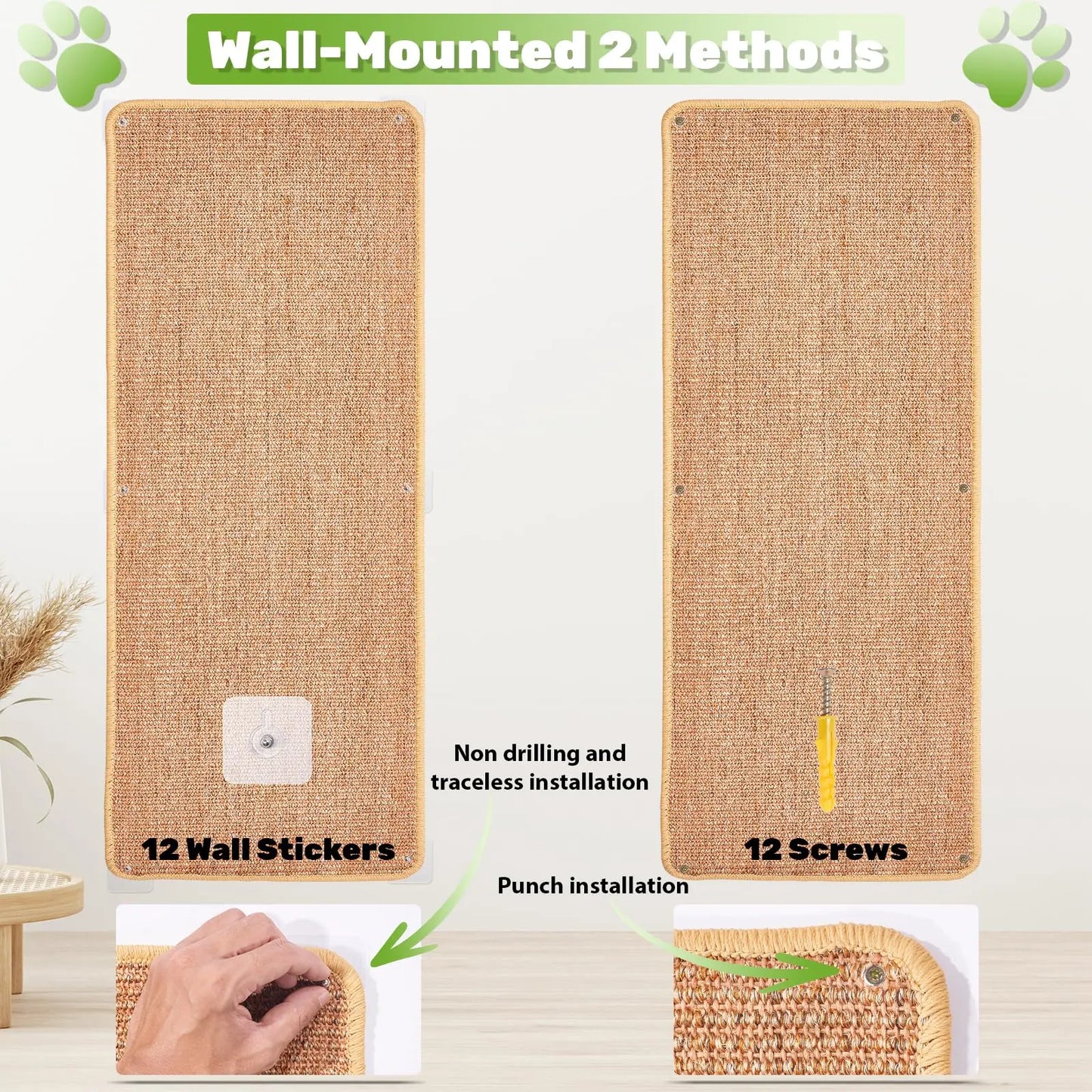 Natural Sisal Cat Wall Climbing Carpet, Wall Scratcher Carpet Mat Pad, Cat Climbing Wall, Tall Scratching Post, Wall Floor Couch Sofa Protector, Scratching Pad for Indoor Cats PIUPAW