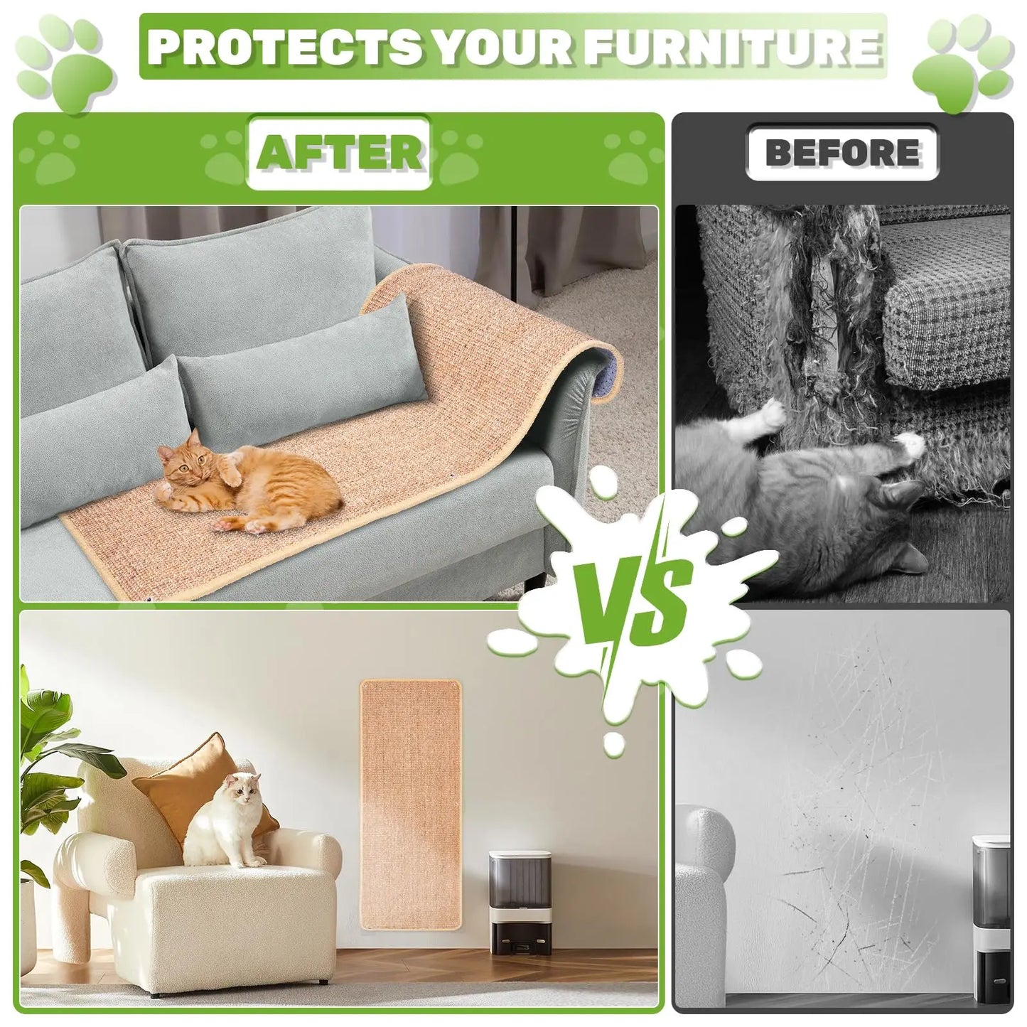 Natural Sisal Cat Wall Climbing Carpet, Wall Scratcher Carpet Mat Pad, Cat Climbing Wall, Tall Scratching Post, Wall Floor Couch Sofa Protector, Scratching Pad for Indoor Cats PIUPAW