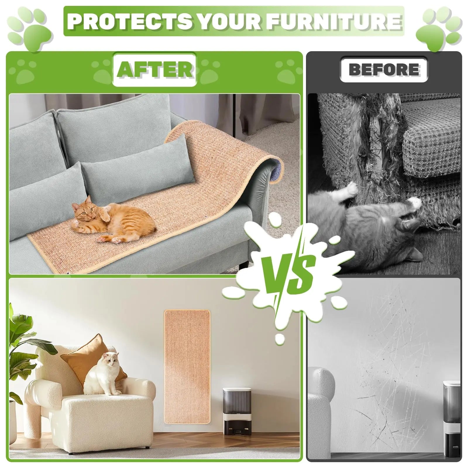 Natural Sisal Cat Wall Climbing Carpet, Wall Scratcher Carpet Mat Pad, Cat Climbing Wall, Tall Scratching Post, Wall Floor Couch Sofa Protector, Scratching Pad for Indoor Cats PIUPAW